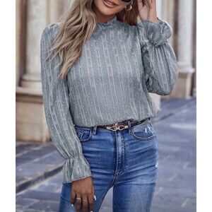 Women's Frilled Neck Flounce Sleeve Chiffon Blouse Blue Long Sleeve Size Small